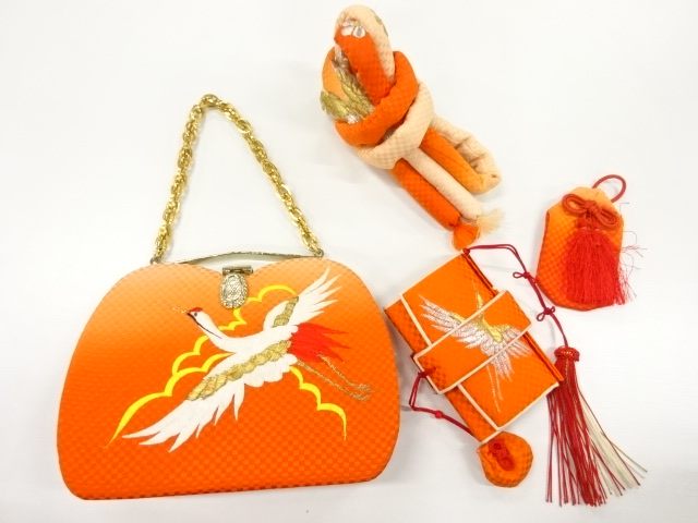 アンティーク　鶴模様刺繍子供用和装バッグ・筥迫・丸くげセット